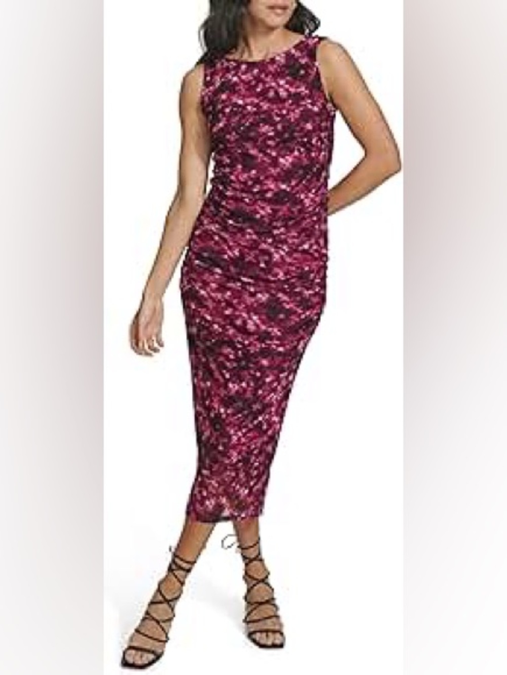 Calvin Klein Ruched Sleeveless Knit Midi Dress Pink Black Combo Size Small